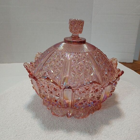 Vintage Fenton Pink Iridescent Daisy & Button Glass Covered Dish 10" × 9"in - Picture 12 of 16